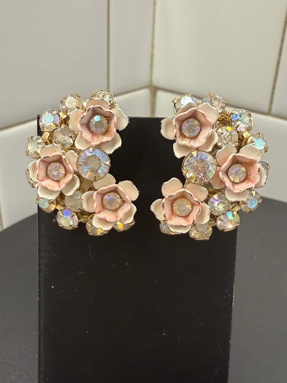 LERU Floral Pink Enamel and Aurora Crystal Cluster Clip-On Earrings